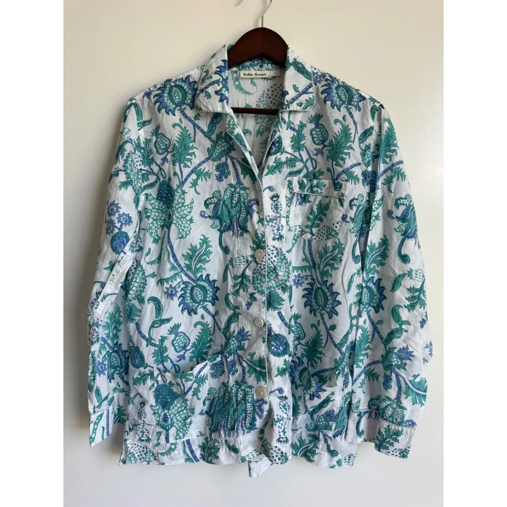 Roller Rabbit Blue Green Block Print Floral Cotton Pajama Top M Boho Prep pocket